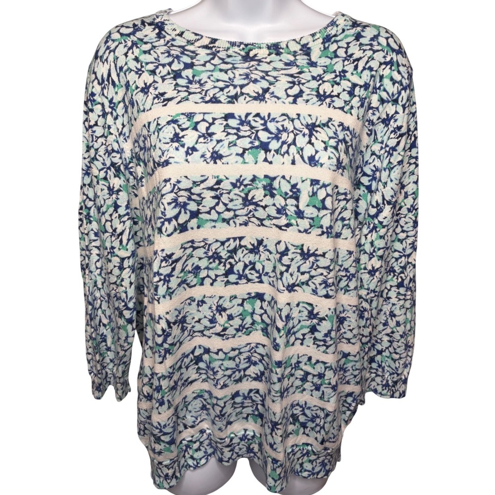 LANDS' END Womens Blue Floral Striped Sweater XL Soft Supima Cotton Cottagecore